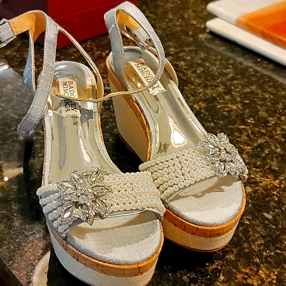 Badgley Mischka seed pearl and crystal silver wedges.